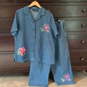 🏷️ Jane Ashley Cotton Embroidered Lightweight Denim Bling Pant Set XL